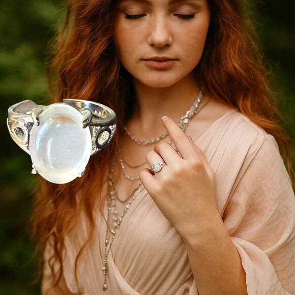 Milky White Glass Cabochon Ring Size 7 Silvertone Tapered Band Fairycore Jewelry - Picture 1 of 16